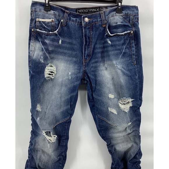 Heritage America Jeans Mens 40x34 Blue Distressed Ripped Denim Faded 5-Pocket - Picture 3 of 11